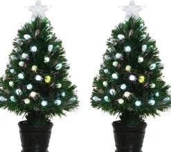Merkloos 2X Groene Glasvezel Kunstkerstbomen 90 Cm Met Knipperende Led Lampjes - Kleine Kerstbomen Clearance