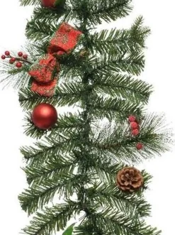 Decoris Guirlandes>1X Groene Kunst Kerstguirlande Met Rode Versiering 180 Cm - Dennenslingers Kerstversieringen/Kerstdecoraties