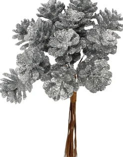 Merkloos Kerststukjes>6X Kerststukje Instekers Bosje Van 12 Zilveren Dennenappels Op Draad - Kerststukje Onderdeken Stekers