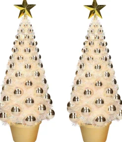 Merkloos 2X Stuks Complete Kunstkerstbomen Met Lichtjes En Ballen Goud - Kerstversiering - Kerstbomen - Kerstaccessoires - Kerstverlichting Goudkleurig Fashion