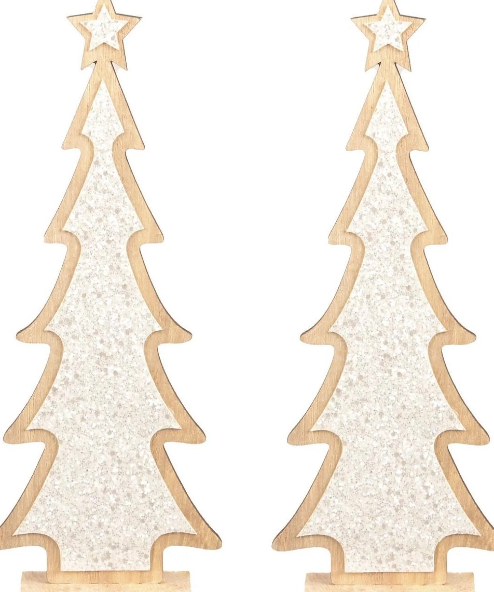 Merkloos 2X Stuks Kerstdecoratie Houten Kerstboom Glitter Wit 35,5 Cm - Vensterbank Kerstdecoratie Houten Kerstbomen Hot
