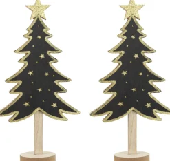 Merkloos 2X Stuks Kerstdecoratie Houten Decoratie Kerstboom Zwart Met Gouden Sterren B18 X H36 Cm - Kerstversiering Kerstbomen Met Licht Online