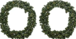 Decoris Kerstkransen>2X Stuks Kerstkransen/Dennenkransen Met Warm Witte Kerstverlichting En Timer 50 Cm - Verlichte Dennenkransen/Deurkransen