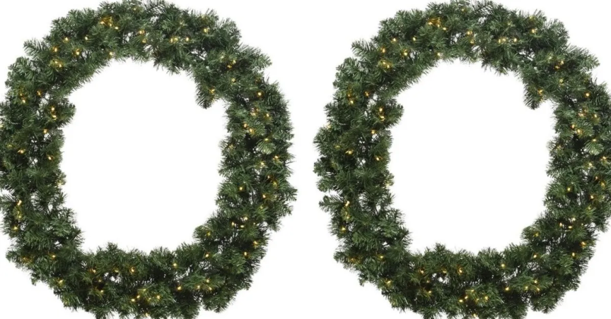 Decoris Kerstkransen>2X Stuks Kerstkransen/Dennenkransen Met Warm Witte Kerstverlichting En Timer 50 Cm - Verlichte Dennenkransen/Deurkransen