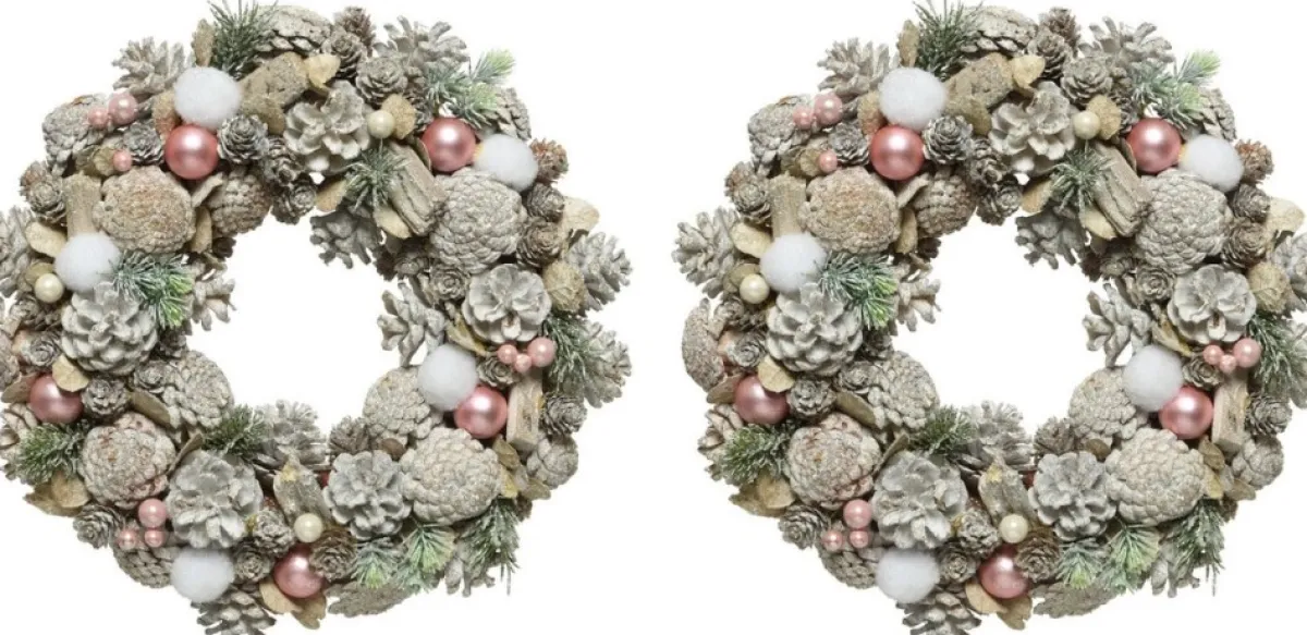 Decoris Kerstkransen>2X Stuks Kerstkransen/Dennenkransen White Wash Met Sneeuw En Versiering 34 Cm - Dennenkransen/Deurkransen Kerstversiering