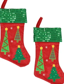 Merkloos Kerstsokken>2X Stuks Rood/Groene Kerstsokken Met Kerstbomen Print 45 Cm - Kerstversiering/Kerstdecoratie