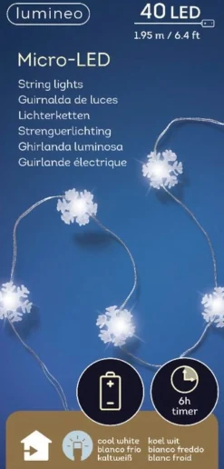 Lumineo 2X Stuks Sneeuwvlokken Lichtsnoeren Met Timer 40 Lampjes Wit Op Batterij - Sneeuwvlok Verlichting - Kerstlampjes/Kerstlichtjes Best