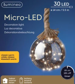 Lumineo 1X Stuks Verlichte Glazen Kerstballen Aan Touw Met 30 Lampjes Zilver/Warm Wit 15 Cm - Decoratie Kerstballen Met Licht Fashion