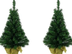 Decoris 2X Volle Mini Kunst Kerstboompjes/Kunstboompjes In Jute Zak 35 Cm - Kunst Kerstbomen / Kunstbomen - Miniboompjes Discount