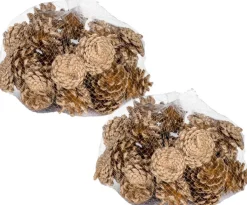 Cosyu0026Trendy Kerststukjes>2X Zakjes Met 300 Gram Decoratie Dennenappels Goud 5 X 5 Cm - Kerststukje/Herfststukje Versiering - Dennenappeltjes