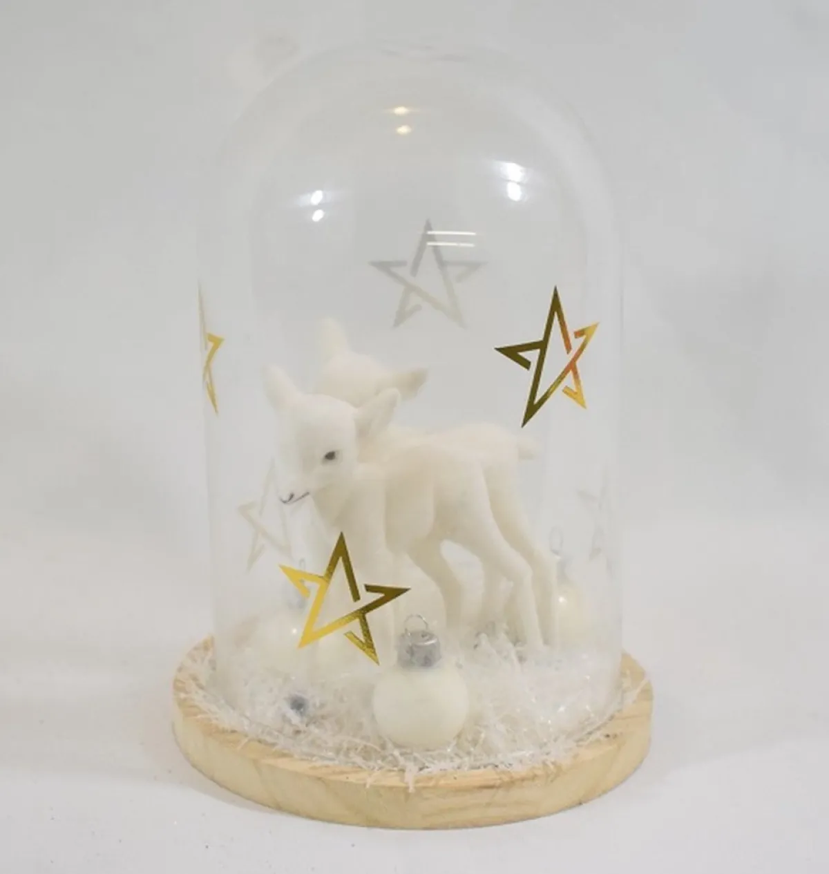 ZoeZo Design Kerststukjes> - Glazen Stolp Met Witte Hertjes - Rendieren - Sneeuw En Kerstballen - O 13 Cm - Hoogte 20 Cm