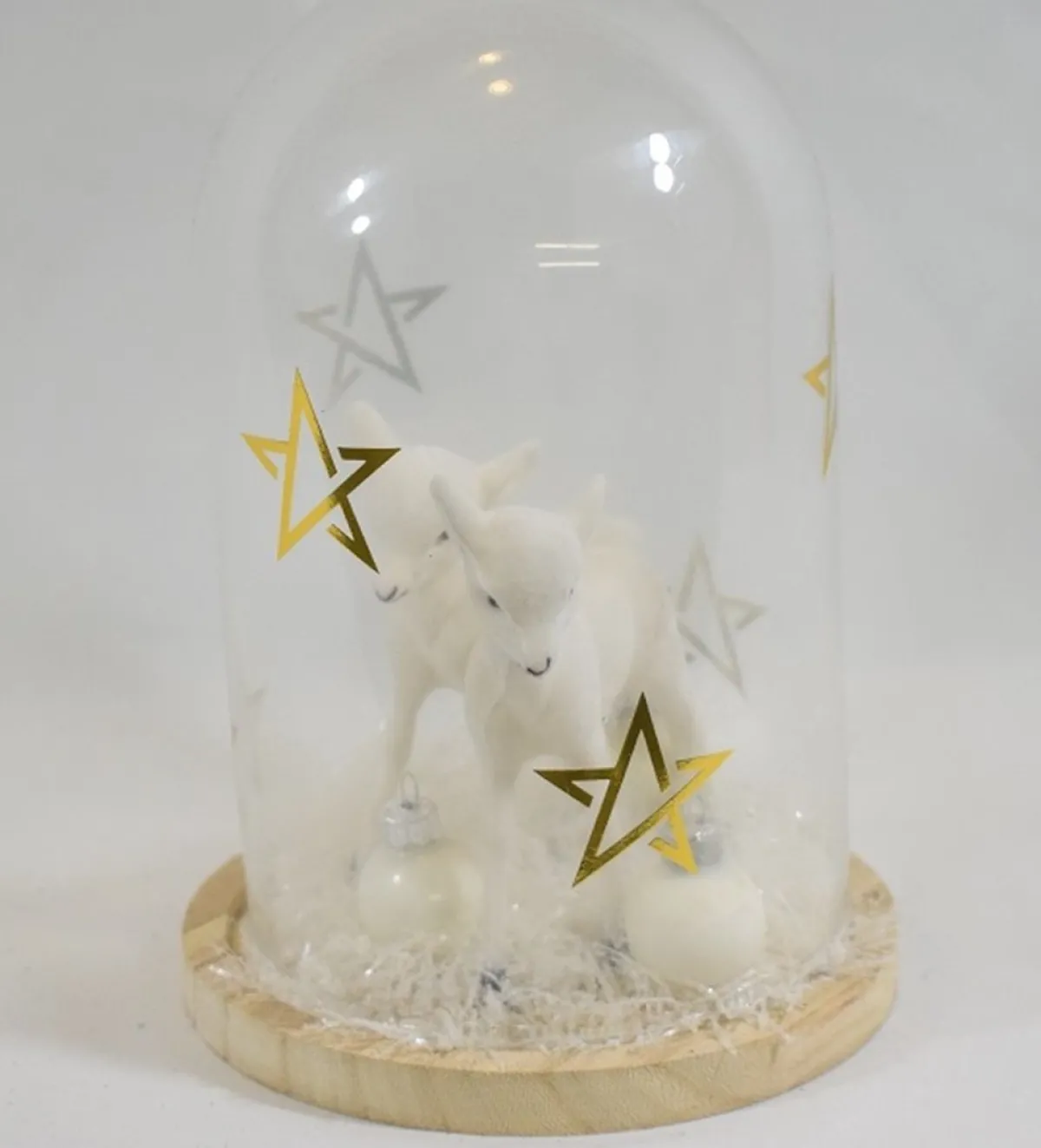ZoeZo Design Kerststukjes> - Glazen Stolp Met Witte Hertjes - Rendieren - Sneeuw En Kerstballen - O 13 Cm - Hoogte 20 Cm