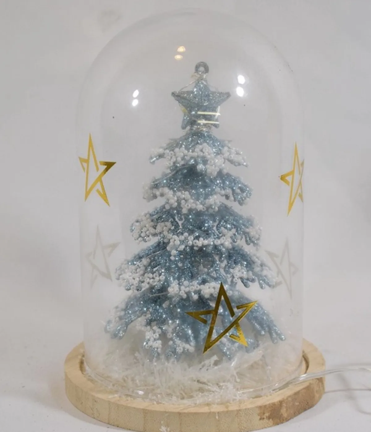 ZoeZo Design Kerststukjes> - Glazen Stolp Met Blauwe Kerstboom - Met Verlichting - Op Batterijen - Mini Kerstboom - Sneeuw En Glitter - O 13 Cm - Hoogte 20 Cm