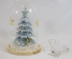 ZoeZo Design Kerststukjes> - Glazen Stolp Met Blauwe Kerstboom - Met Verlichting - Op Batterijen - Mini Kerstboom - Sneeuw En Glitter - O 13 Cm - Hoogte 20 Cm