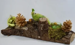 ZoeZo Design Kerststukjes> - Kerststuk - Kerststukje - Tafelstuk - Boomstam - Goud - Groen - Pauw - 40 X 12 X 18 Cm - Met Waxinelichtjeshouder