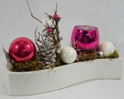 ZoeZo Design Kerststukjes> - Kerststukje - Kerststuk - Kerstdecoratie - Kerstversiering - Met Waxinelichtjeshouder - Aardewerk Potje - Wit - Pink - 26X17X7 Cm