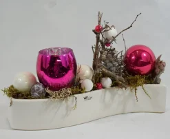 ZoeZo Design Kerststukjes> - Kerststukje - Kerststuk - Kerstdecoratie - Kerstversiering - Met Waxinelichtjeshouder - Aardewerk Potje - Wit - Pink - 26X17X7 Cm