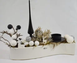 ZoeZo Design Kerststukjes> - Kerststukje - Kerststuk - Kerstdecoratie - Kerstversiering - Met Waxinelichtjeshouder - Aardewerk Potje - Wit - Zwart - 26X22X7 Cm