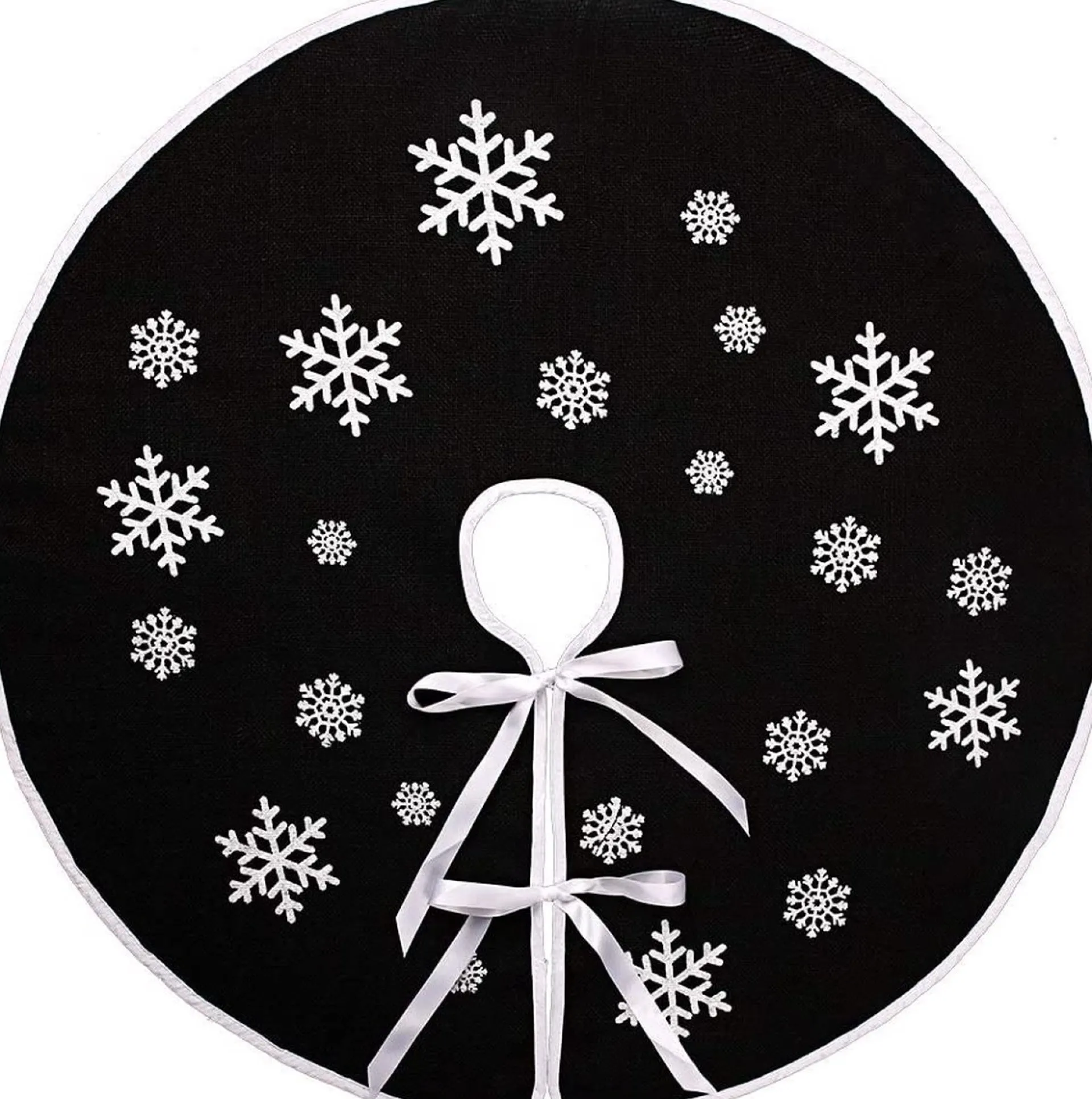Selwo Zwarte Kerstboom Rok Witte Sneeuwvlok Bedrukt Jute Kerstboomtapijt Ornamenten Decoratie Voor Kerstmis (91 Cm) Clearance